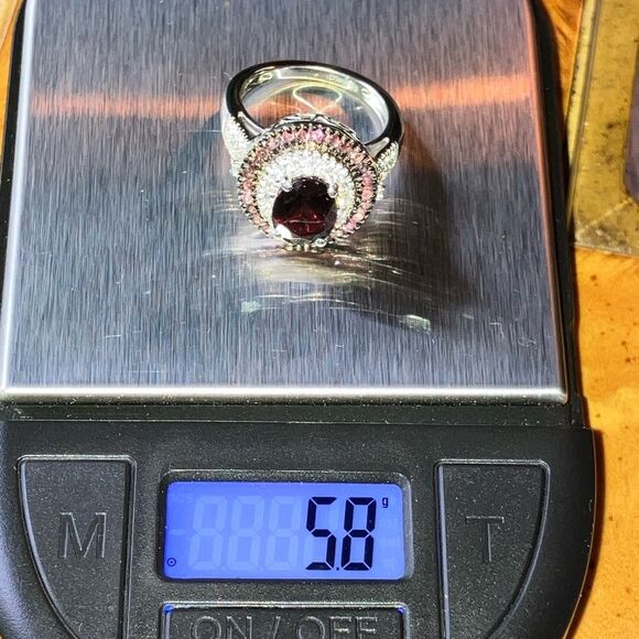 Natural Red Garnet Pink Tourmaline Sterling Silver Double Halo Ring Size 6 - Picture 9 of 9